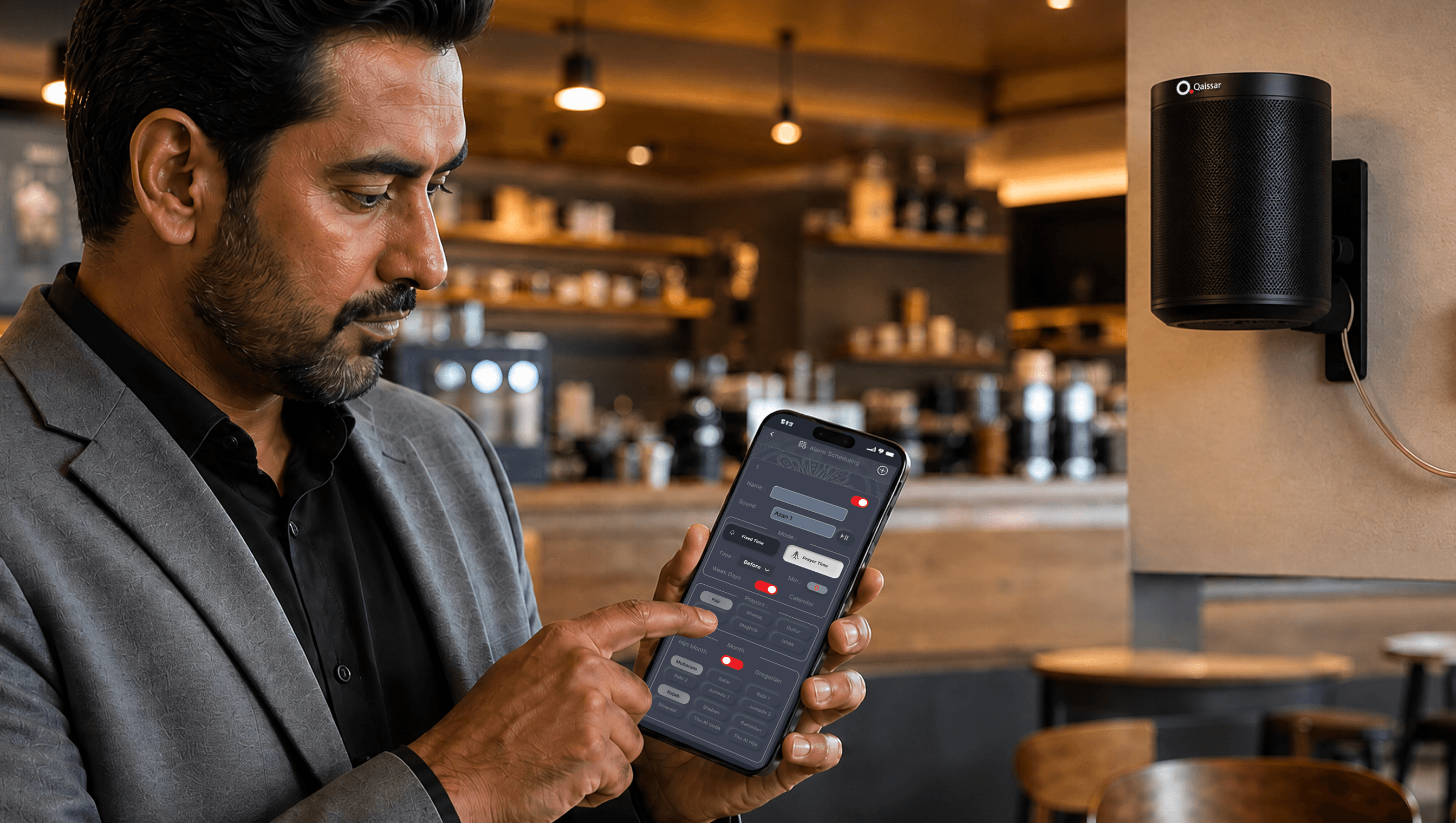 Business owner controlling Qaissar audio system
